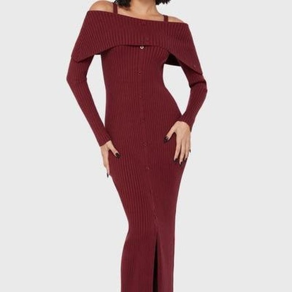 Killstar Dusk Empress Dress Red Burgundy Ribbed Maxi‎ Off Shoulder Gothic